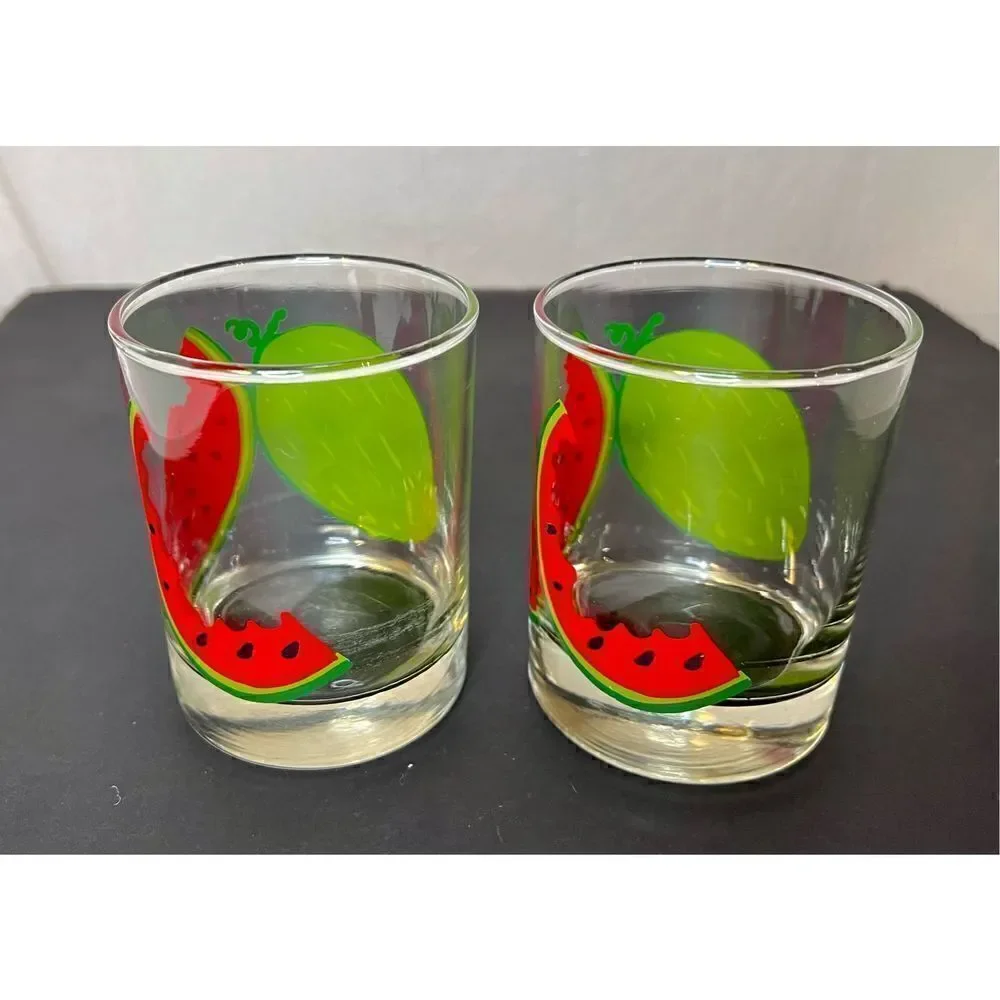 2 Vintage Watermelon Glasses, Lowballs, Cocktail Glasses EVC